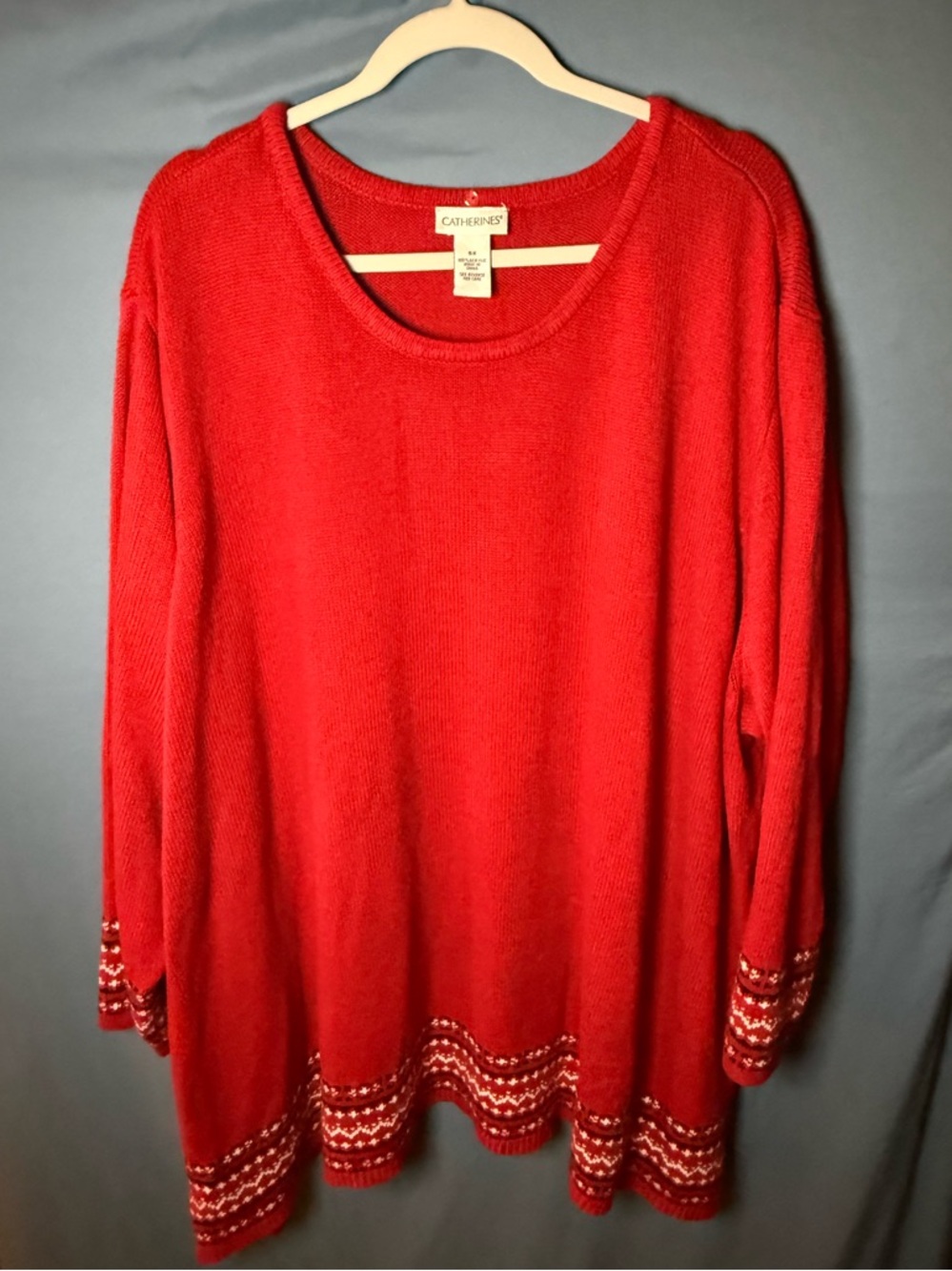 Catherines Bright Red Knit Sweater with Patterned Hem